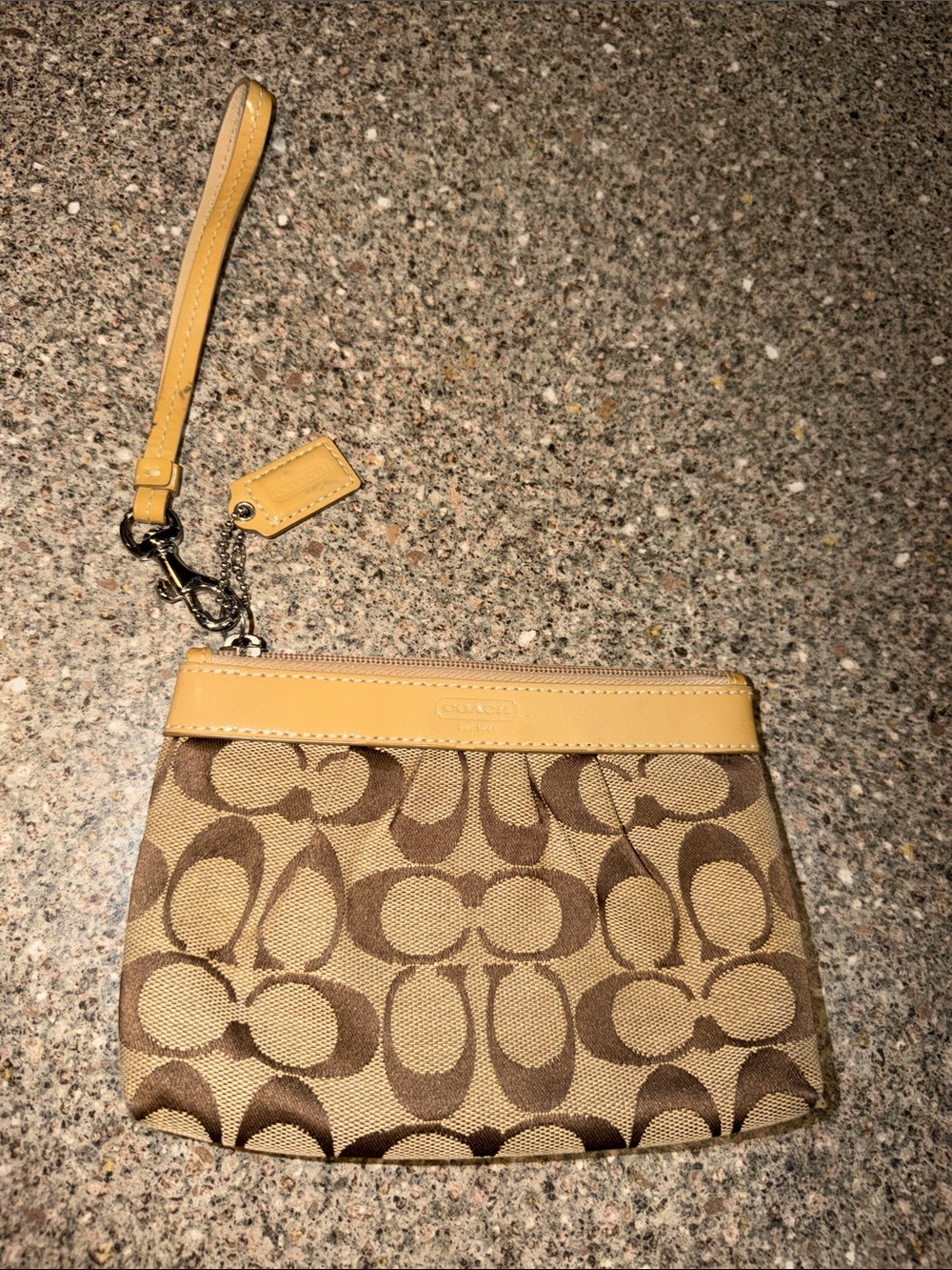 Coach Khaki Signature Canvas Wristlet with Patent Trim